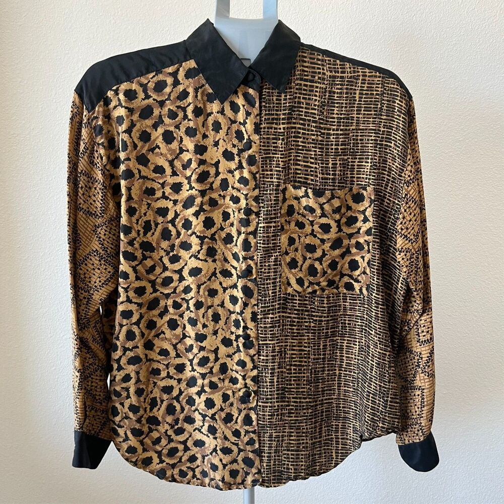 Vintage SLB Sunny Leigh Womens Size M Geometric Long‎ Sleeve Silk Button Up Top